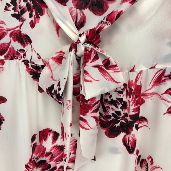 DKNY Floral Cream & Pink Long Sleeve Sheer Bow Tie Front Pullover Blouse Size PM - Picture 5 of 13